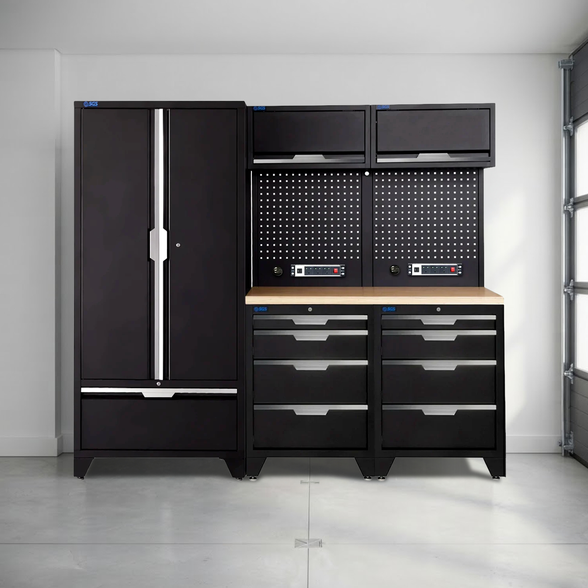 SGS 7pc Modular Garage Storage | 8 Drawers | Plywood Worktop | 2x Upper Cabinets | Tall Double Cabinet | Pegboards with Power Strip